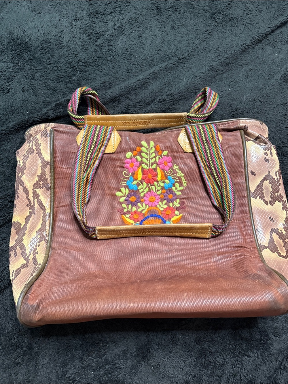 Consuela Brown Embroidered Floral Tote with Snakeskin Panels